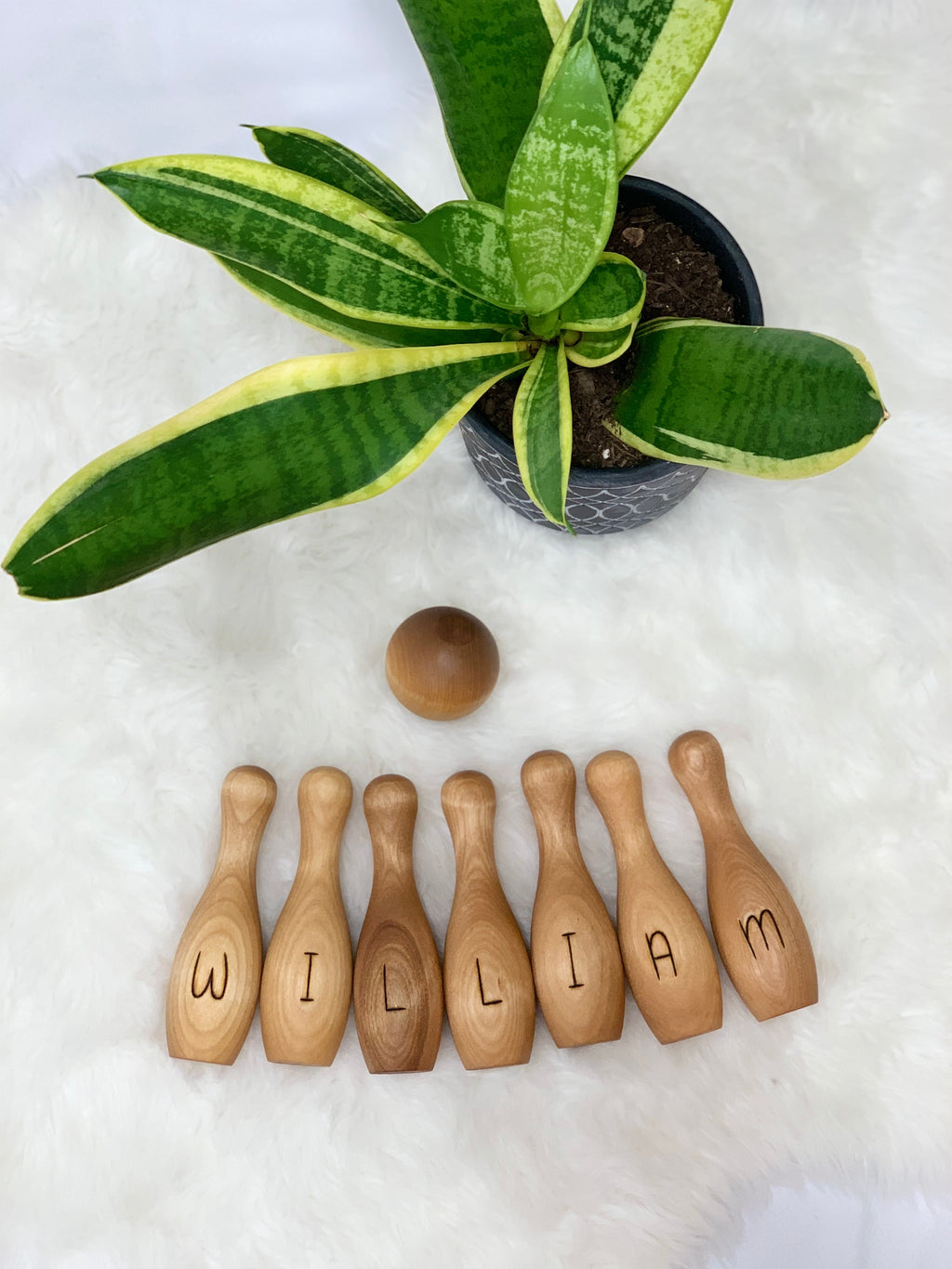 Personalized wooden bowling pins spelling William with a wooden ball beside a green potted plant on white fur background