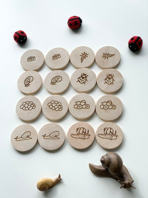 Natural wood memory game discs with laser-engraved ladybug and snail life cycle illustrations arranged in rows with toy insects