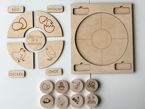 Natural wooden chicken life cycle memory game with engraved stages and puzzle board on white surface