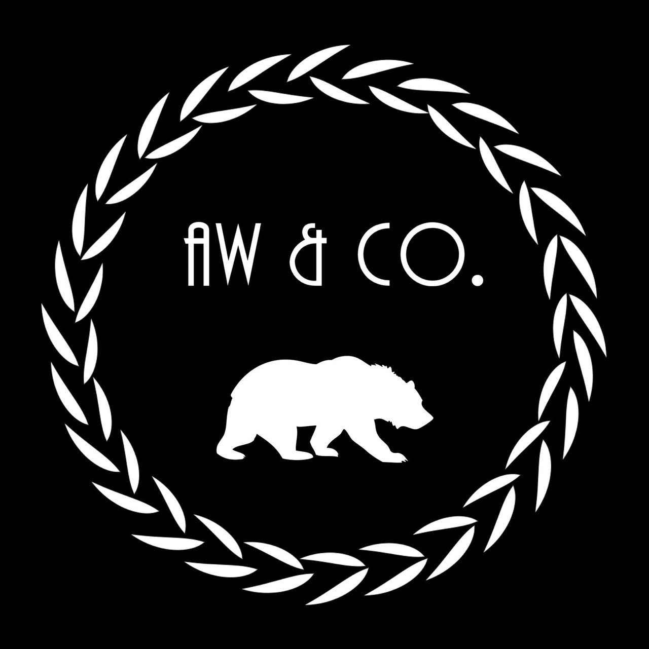 Black background with white wreath encircling text AW & CO and a solid bear silhouette at the center