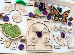 Educational wooden life cycle puzzle showing butterfly stages with labeled pieces and colorful textured illustrations