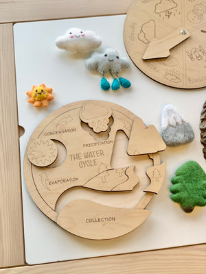 Wooden water life cycle puzzle with labeled pieces and felt weather and nature illustrations on white table