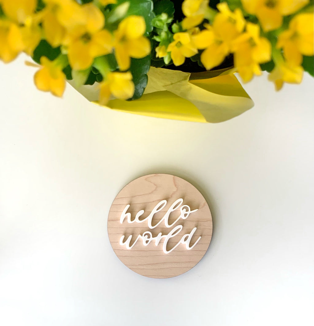 Round natural wooden disc with white cursive "hello world" lettering on white background with yellow flowers top left