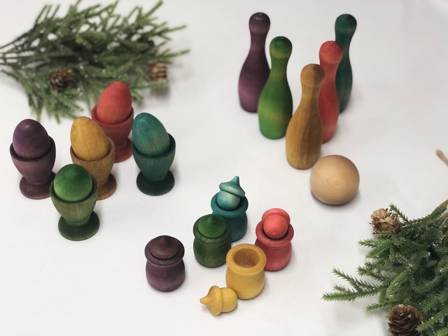 Naturally Dyed Rainbow Wooden Bowling Pins