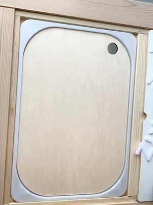 Natural maple plywood Flisat table bin lid insert with rounded corners and finger hole on wood frame background