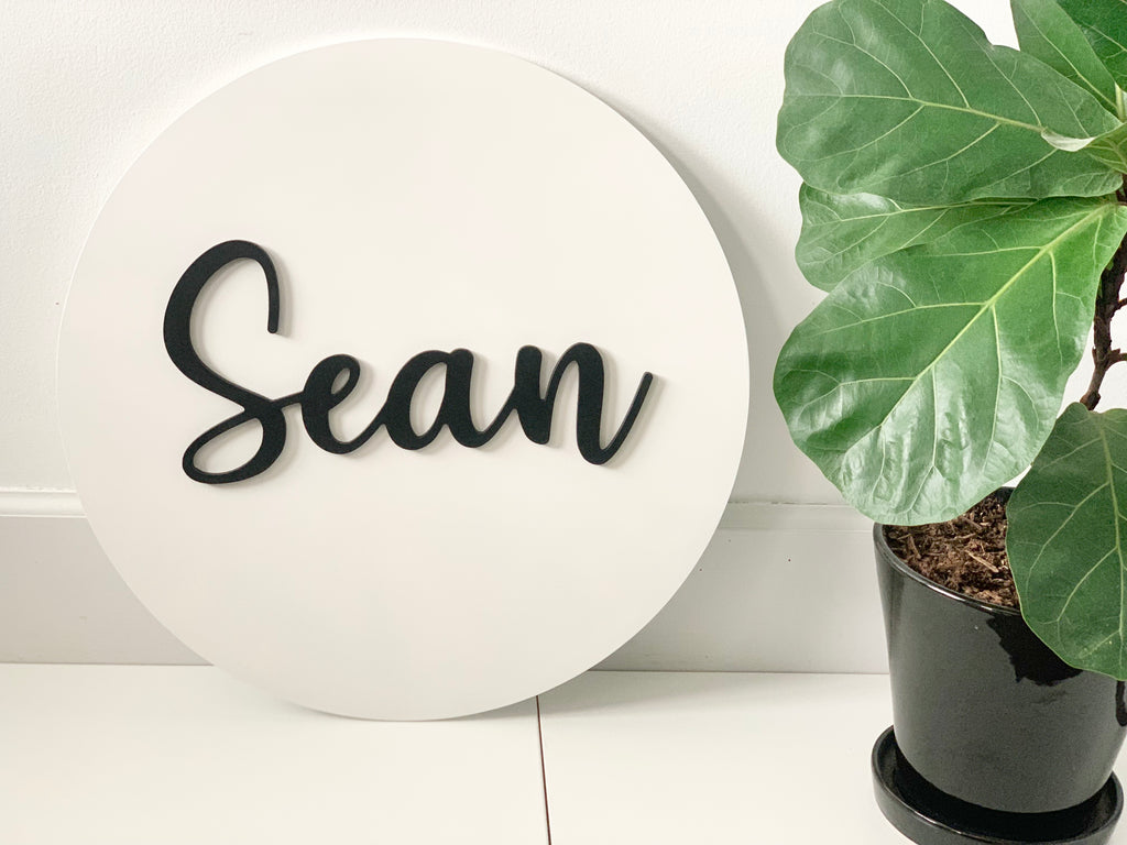 3D round wooden name sign painted white with black cursive letters spelling Sean beside green potted plant