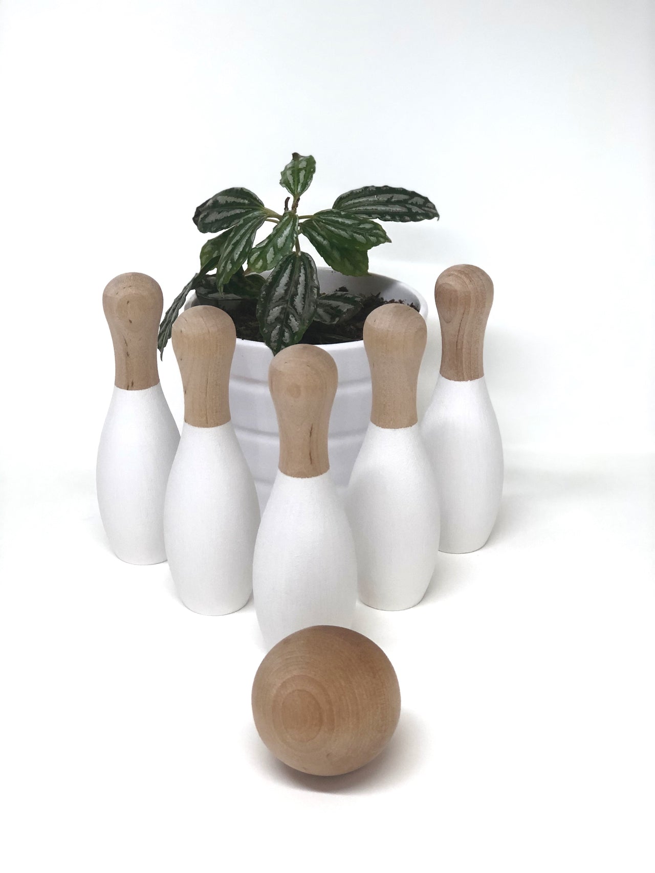 White wooden 5 pin bowling set with natural wood tops and ball arranged near small green potted plant on white background