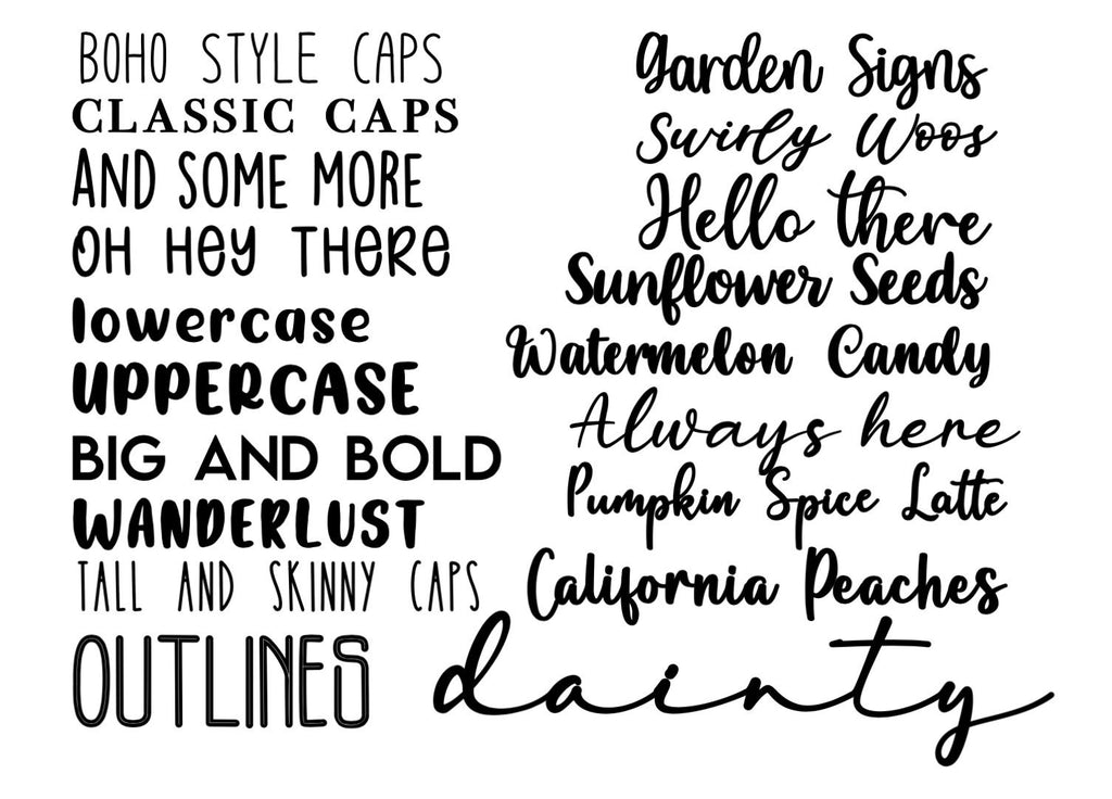 Black and white font style chart showcasing various custom lettering options for 3D round name signs